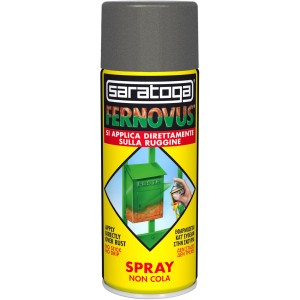 Bomboletta spray t.b.t., primer antiruggine, barattolo giallo con esempio di applicazione.