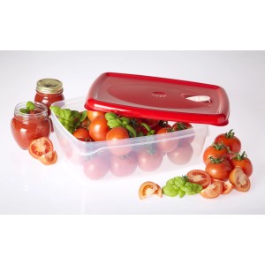 Contenitore t.b.t. trasparente con coperchio rosso, pieno di pomodori e basilico.