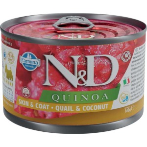 Alimento umido per cani, N&D Quinoa Skin & Coat Quaglia e Cocco, lattina da 140g.