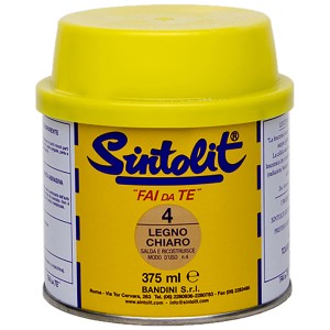 Barattolo giallo di stucco per legno "t.b.t." Sintolit per riparazioni.