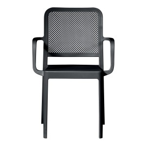 Sedia da giardino t.b.t. nera con braccioli e schienale traforato.