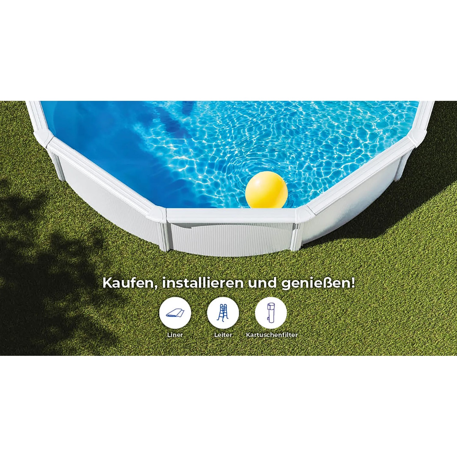 Piscina ovale Gre Bora Bora, Ø 300 cm, bianca. Piscina con pareti in acciaio e palla gialla sul prato.