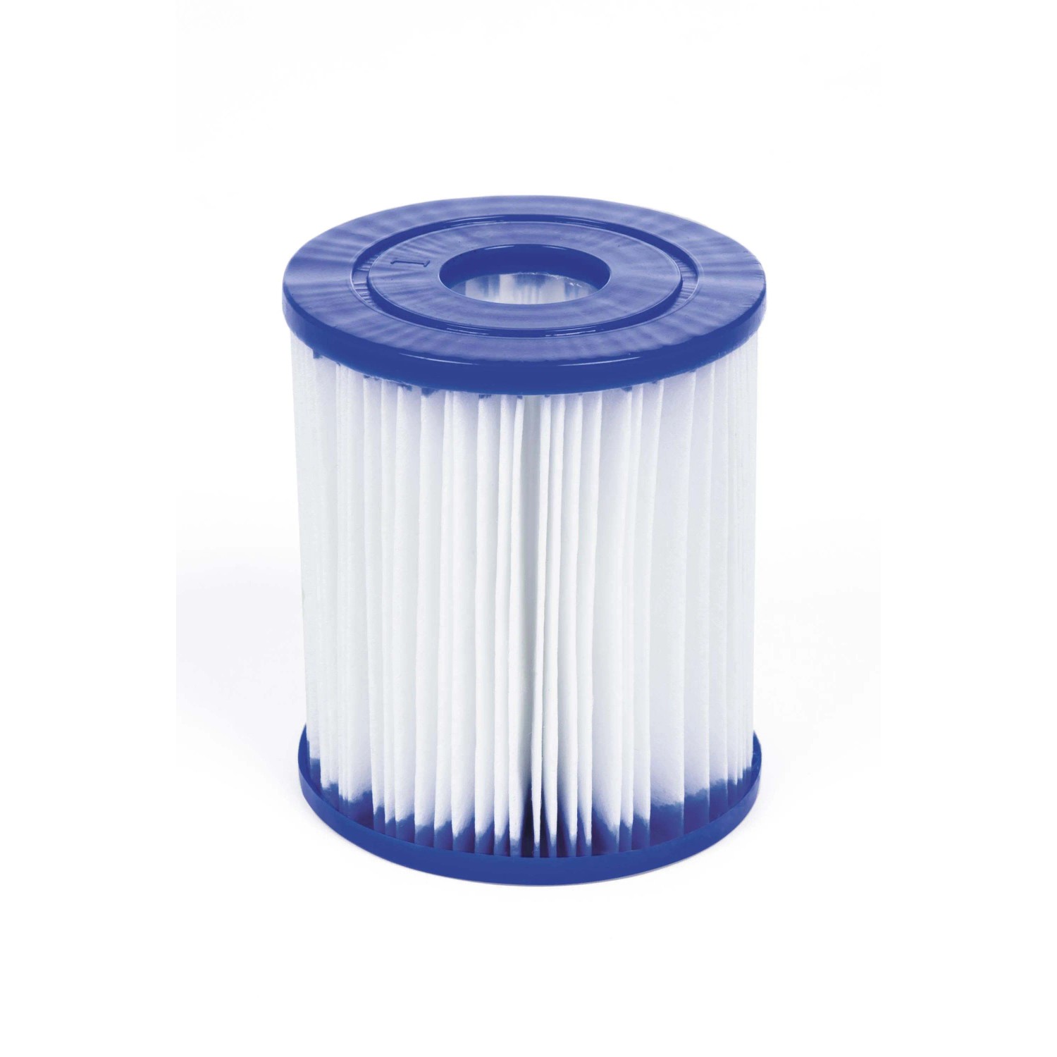 Cartuccia filtro per piscina, blu e bianca, per acqua pulita.