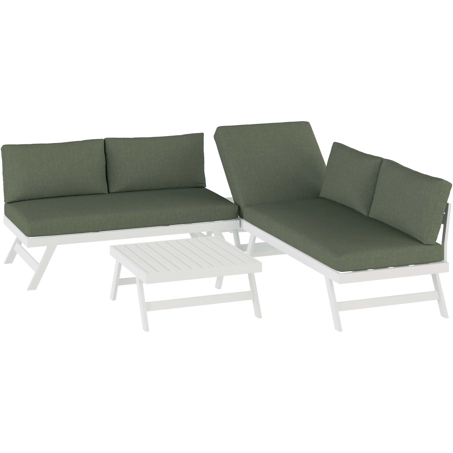 Set di mobili da giardino t.b.t. con lounge, lettino e tavolo, struttura bianca, cuscini verde oliva.