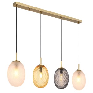 Lampada a sospensione t.b.t. con quattro paralumi in vetro colorato e sospensione dorata.