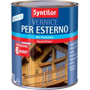 Vernice per esterni Syntilor, impregnante per legno per esterni, vernice in secchio di metallo blu.