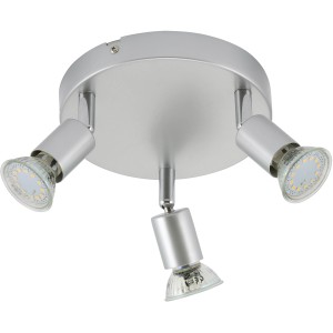 Faretto LED argento t.b.t. con tre faretti per montaggio a soffitto.