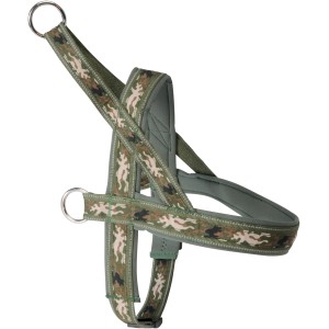 Pettorina per cani verde con motivo mimetico e anelli argentati.