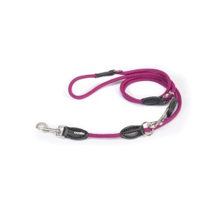 Guinzaglio per cani viola in corda con dettagli in pelle e moschettone.