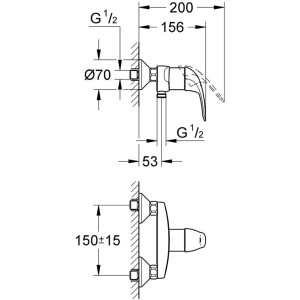 Disegno tecnico del miscelatore doccia Grohe QuickFix Start Eco in cromo con dimensioni.