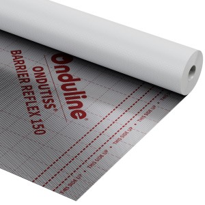 Rotolo Ondutiss Barrier Reflex 150 per isolamento facciate. Dettaglio della membrana grigia con scritte rosse.