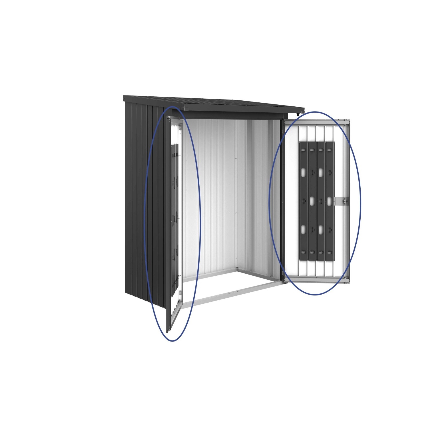 Pacchetto porta Biohort per WoodStock 150, grigio scuro metallizzato, con sistema di ordine interno.