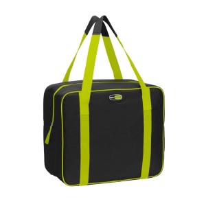 Borsa da campeggio nera con dettagli verdi e manici.