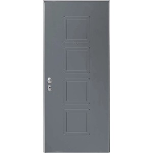 Porta blindata grigia con quattro pannelli quadrati e spioncino.