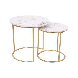 Tavolini tondi Rome bianco effetto marmo oro Set 2 pz