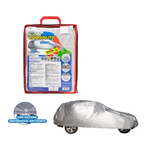Copriauto: Copertura protettiva argentata per auto, confezionata in borsa rossa.