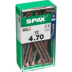 Viti per legno SPAX 4x70 mm, 12 pezzi in contenitore di plastica verde.