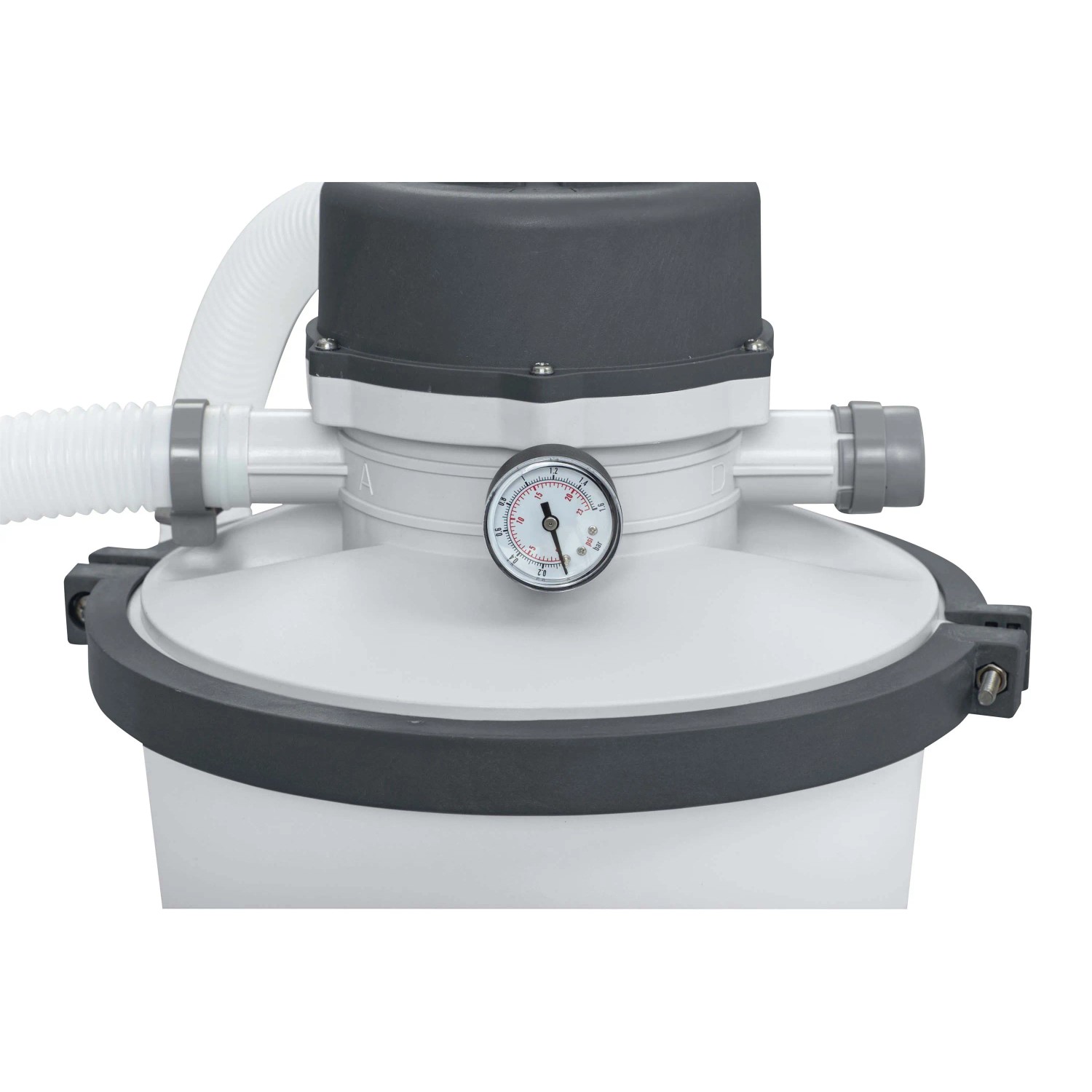 Pompa filtro a sabbia Bestway 3.028 l/h, 85 W per piscine: sistema di filtraggio con manometro e raccordo per tubo.