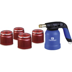 Set t.b.t. con saldatore blu e quattro cartucce di gas rosse. Accessori per saldatura.