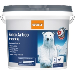 Secchio di pittura per interni bianca "Bianco Artico" OBI con orso polare. Copre fino a 45 m².