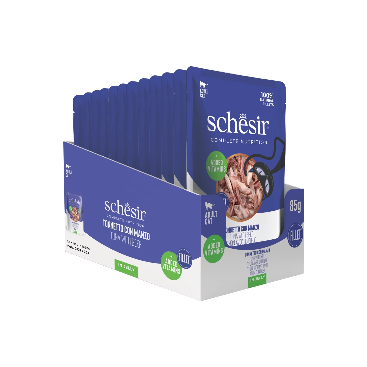 Cibo umido per gatti Schesir Tonnetto con manzo filetti jelly busta 12x85g_8