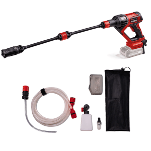 Idropulitrice a batteria Einhell Hypresso 18/24-1 con accessori come ugello, tubo e flacone di pulizia.