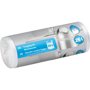 Rotolo di sacchi per rifiuti con manici, 25 l, 25 pezzi, in plastica trasparente.