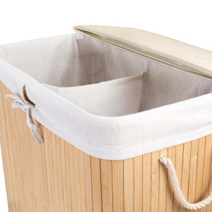Cesto portabiancheria in bambù con coperchio e fodera in tessuto, ideale per bagno o camera da letto.