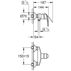 Disegno tecnico: Miscelatore monocomando per doccia Grohe Start cromato con dimensioni.