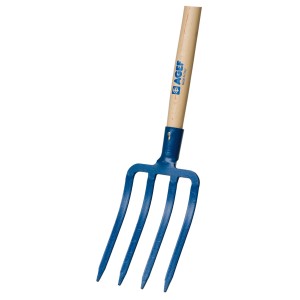 Forca t.b.t. blu con manico in legno per la lavorazione del terreno.
