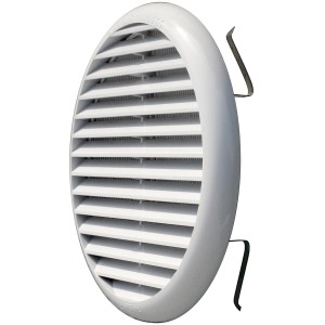 Griglia di protezione dagli agenti atmosferici / griglia di ventilazione bianca e rotonda con lamelle.