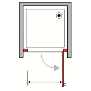 Schizzo di una porta doccia (t.b.t.) con area di rotazione.