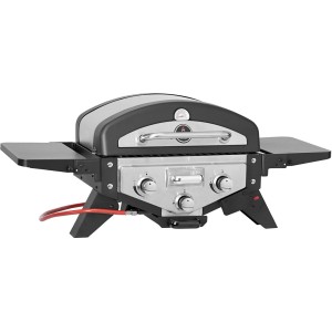 Barbecue a gas t.b.t. compatto con ripiani laterali e bruciatori in acciaio inox.