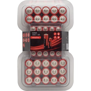 Confezione da 50 batterie alcaline AAA e AA per dispositivi ad assorbimento costante.