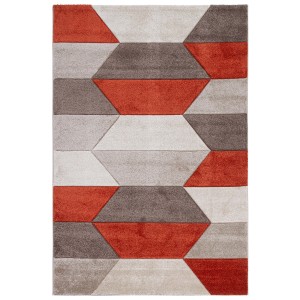 Tappeto moderno con motivo geometrico in arancione, grigio e beige.