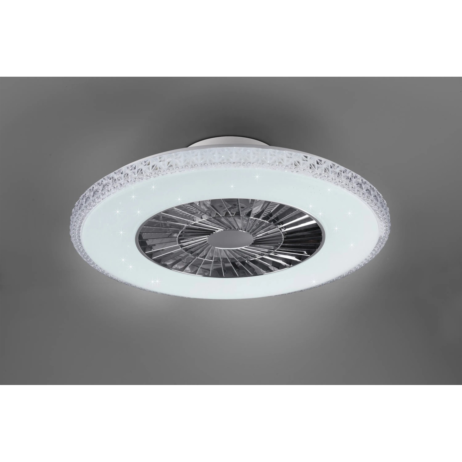 Plafoniere LED moderna t.b.t. con ventilatore integrato e bordo decorativo.