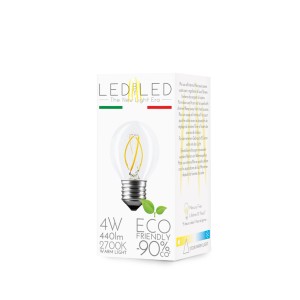 Lampadina LED E27, 4W, luce calda, nella confezione. Lampada LED a risparmio energetico per interni.