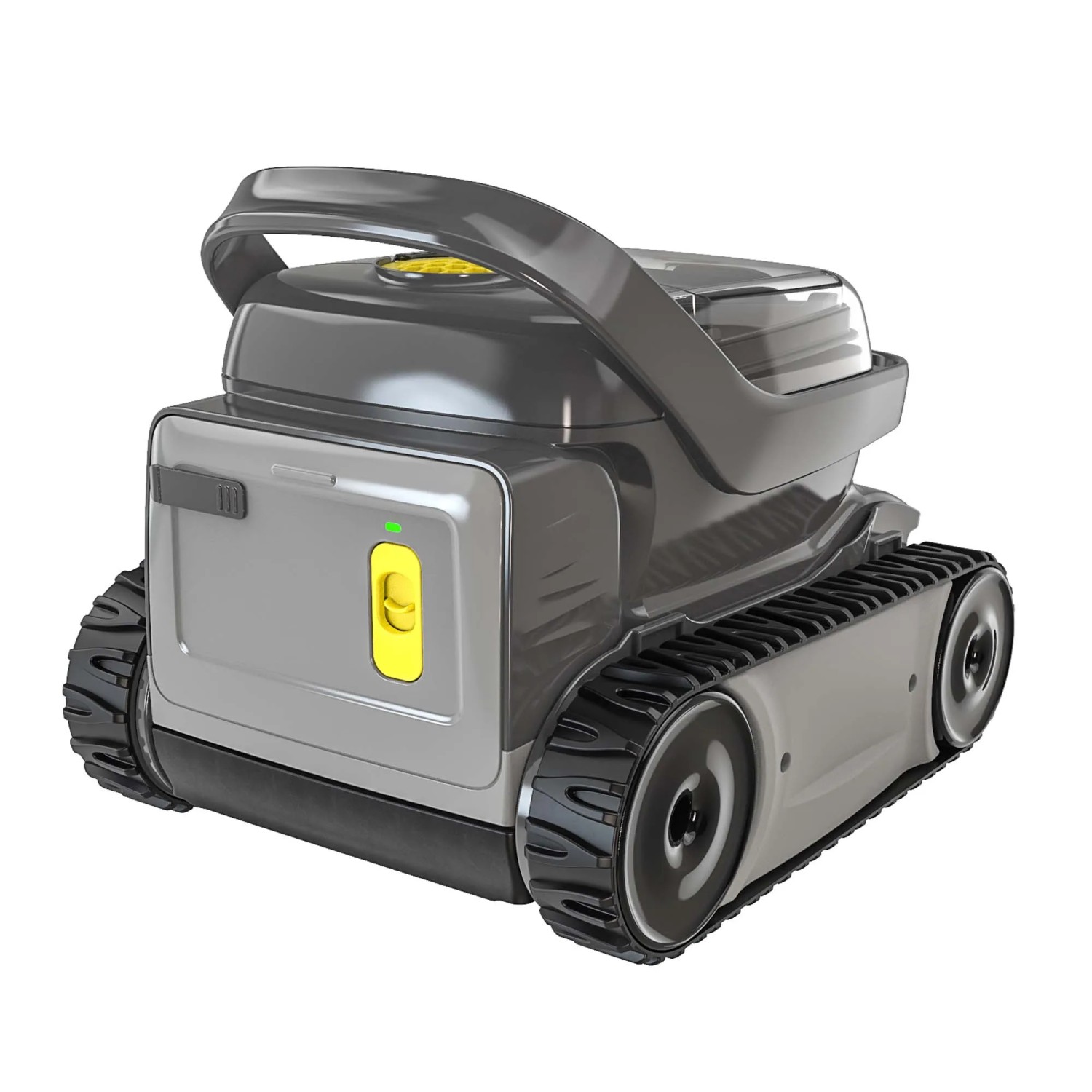 Robot per piscina grigio con maniglia e cingoli.