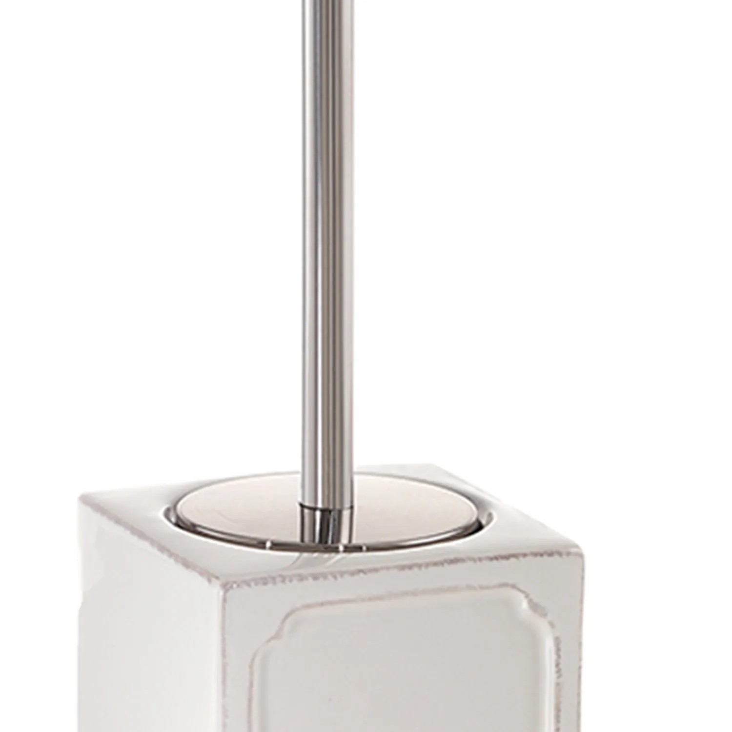 Dettaglio di un set scopino WC Scopini bianco con manico in acciaio inox.