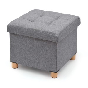 Poggiapiedi/sgabello grigio t.b.t. con bottoni e gambe in legno.
