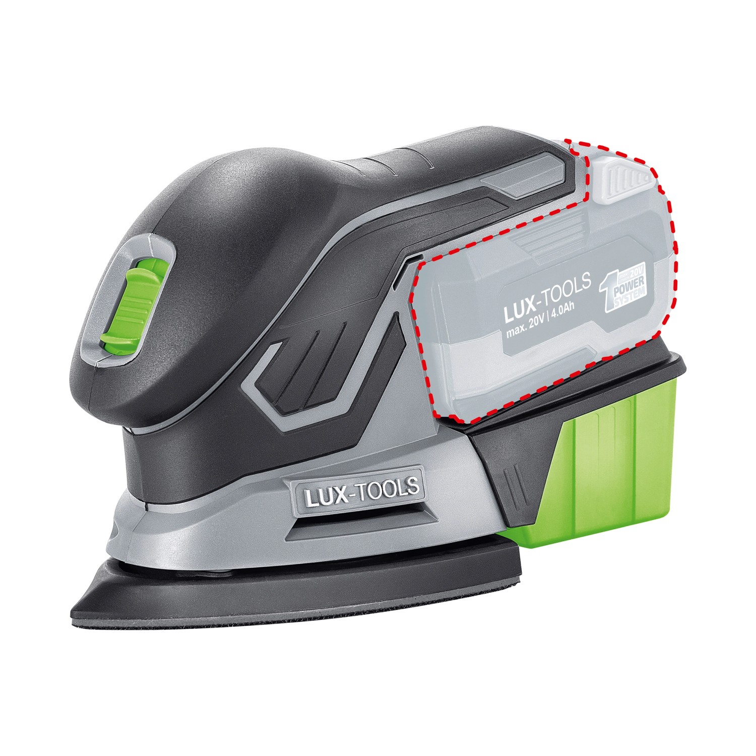Levigatrice multifunzione a batteria LUX A-MS-20 con batteria, scatola antipolvere e adattatore per aspirapolvere.
