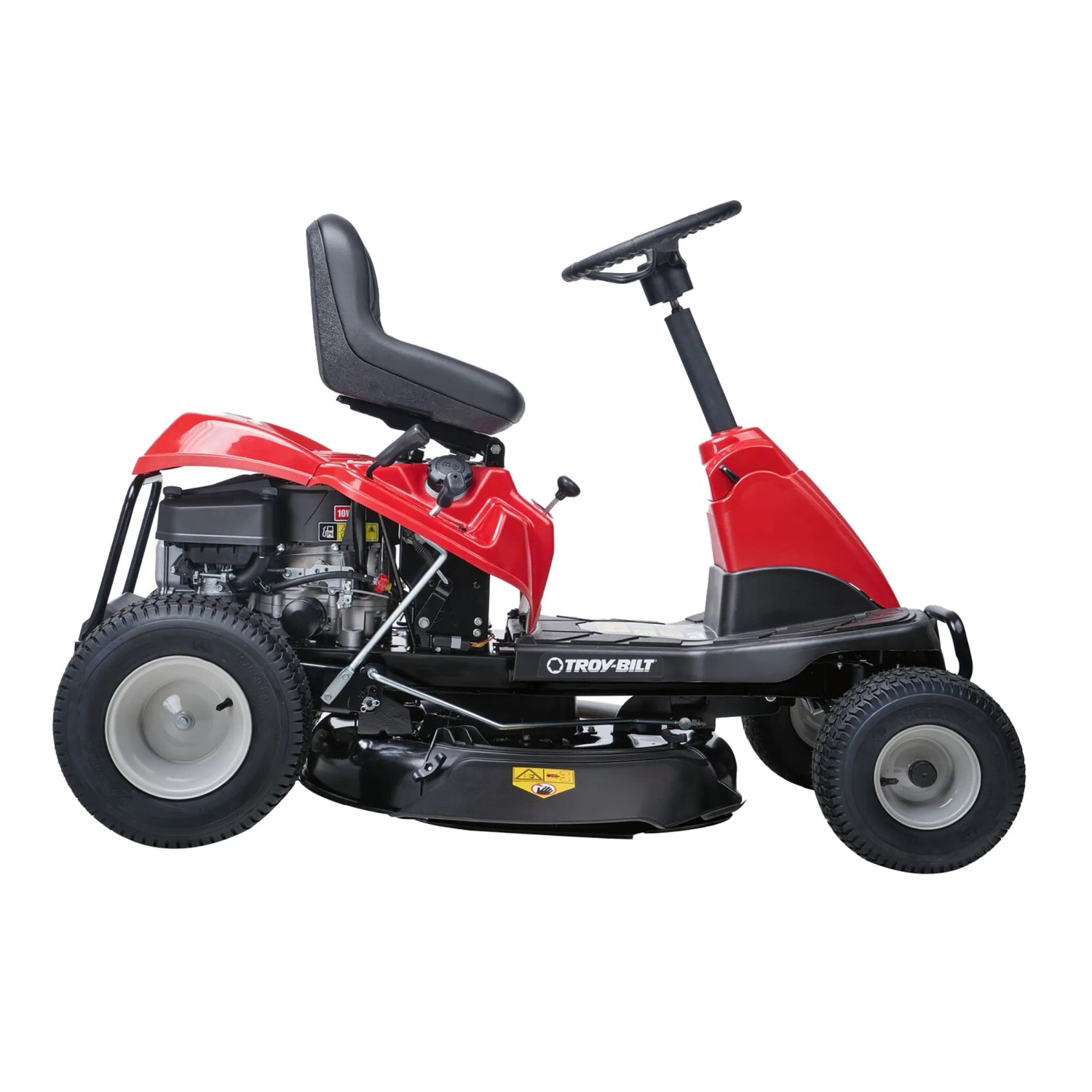 Tosaerba rider Troy-Bilt Mini-Rider 76T-S rosso con scarico laterale.
