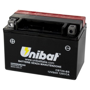 Batteria moto Unibat CBTX9-BS, 12V. Batteria per impianto elettrico moto.