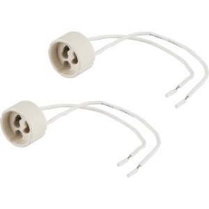 Due portalampade bianchi GZ10/GU10 per lampade alogene ad alta tensione con cavi.