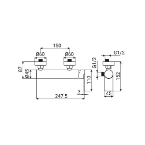Disegno tecnico di un raccordo doccia t.b.t. con dimensioni.