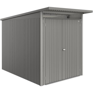 Casetta da giardino in metallo Biohort AvantGarde ECO Gr. A3, grigio quarzo metallizzato, con doppia porta.