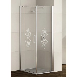 Box doccia angolare con vetro trasparente e decoro, telaio cromato.