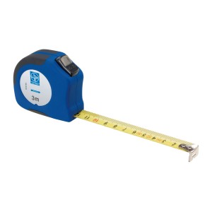 Metro a nastro LUX Classic, 3 m, custodia blu con nastro giallo e pulsante di blocco.