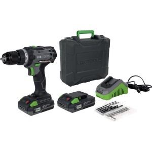 Set avvitatore a batteria con accessori, batterie, caricabatterie e valigetta.
