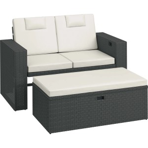 Salotto da giardino t.b.t. grigio con cuscini color crema e sgabello. Ideale per terrazza e giardino.